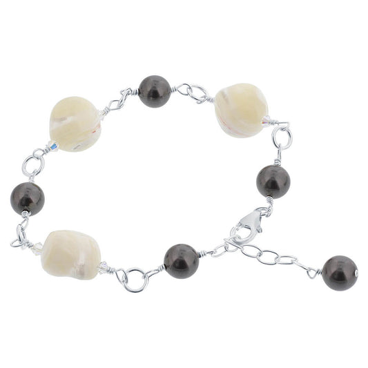 Mother of Pearl Black Faux Pearl 925 Sterling Silver 8 Inch Bracelet - Gem Avenue
