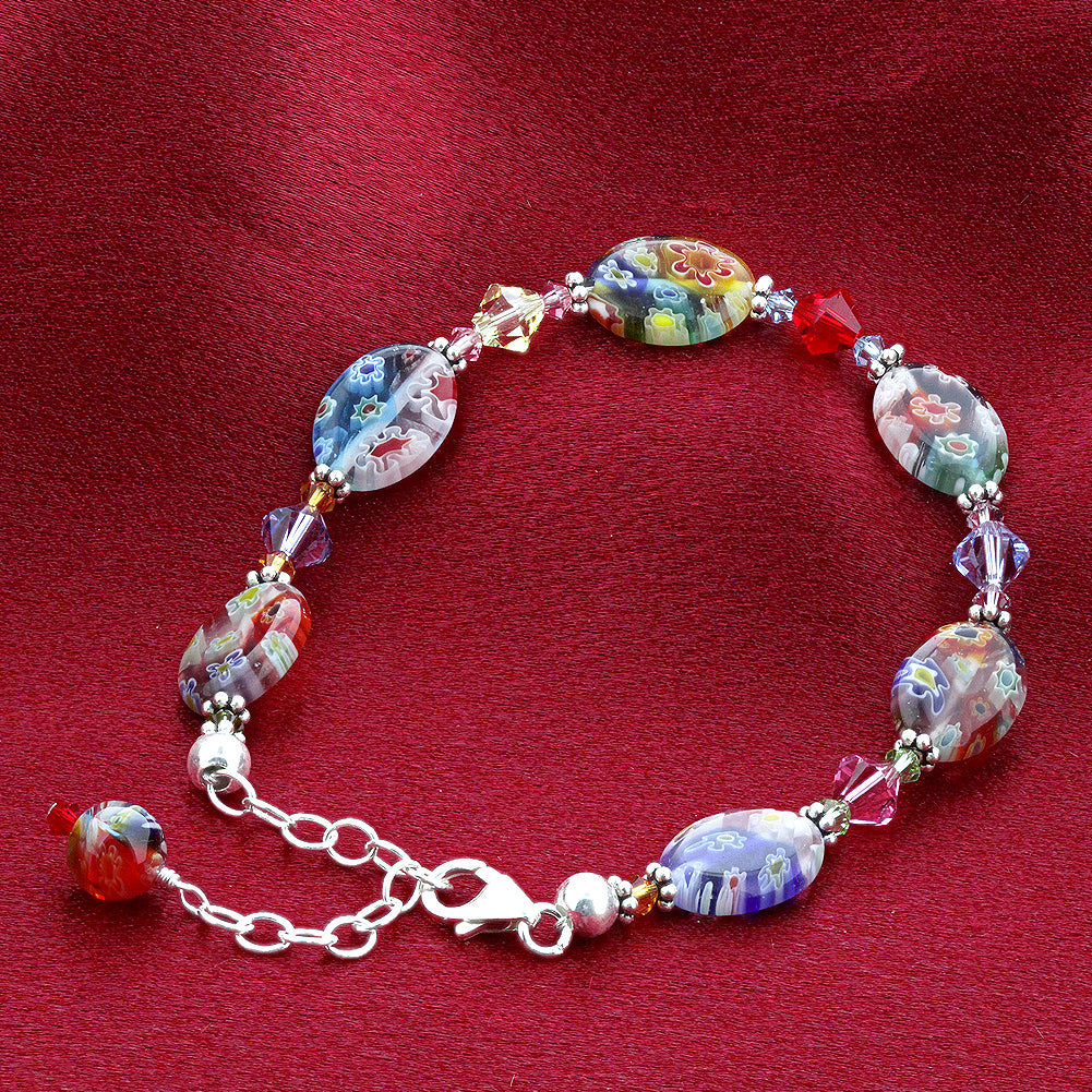 .925 Sterling Silver Bracelet with Austrian Crystals and Colorful Millefiori Glass Elegant Handmade Jewelry - Multicolor