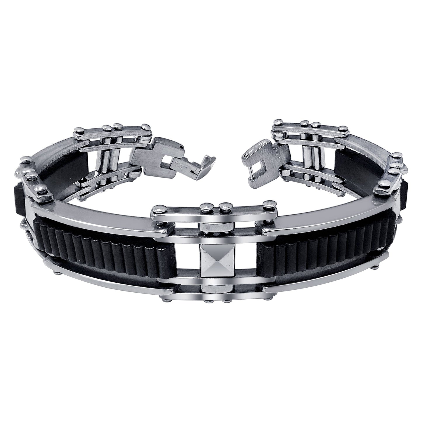 Men's Stainless Steel Black Rubber Link Chain Bracelet - Gem Avenue