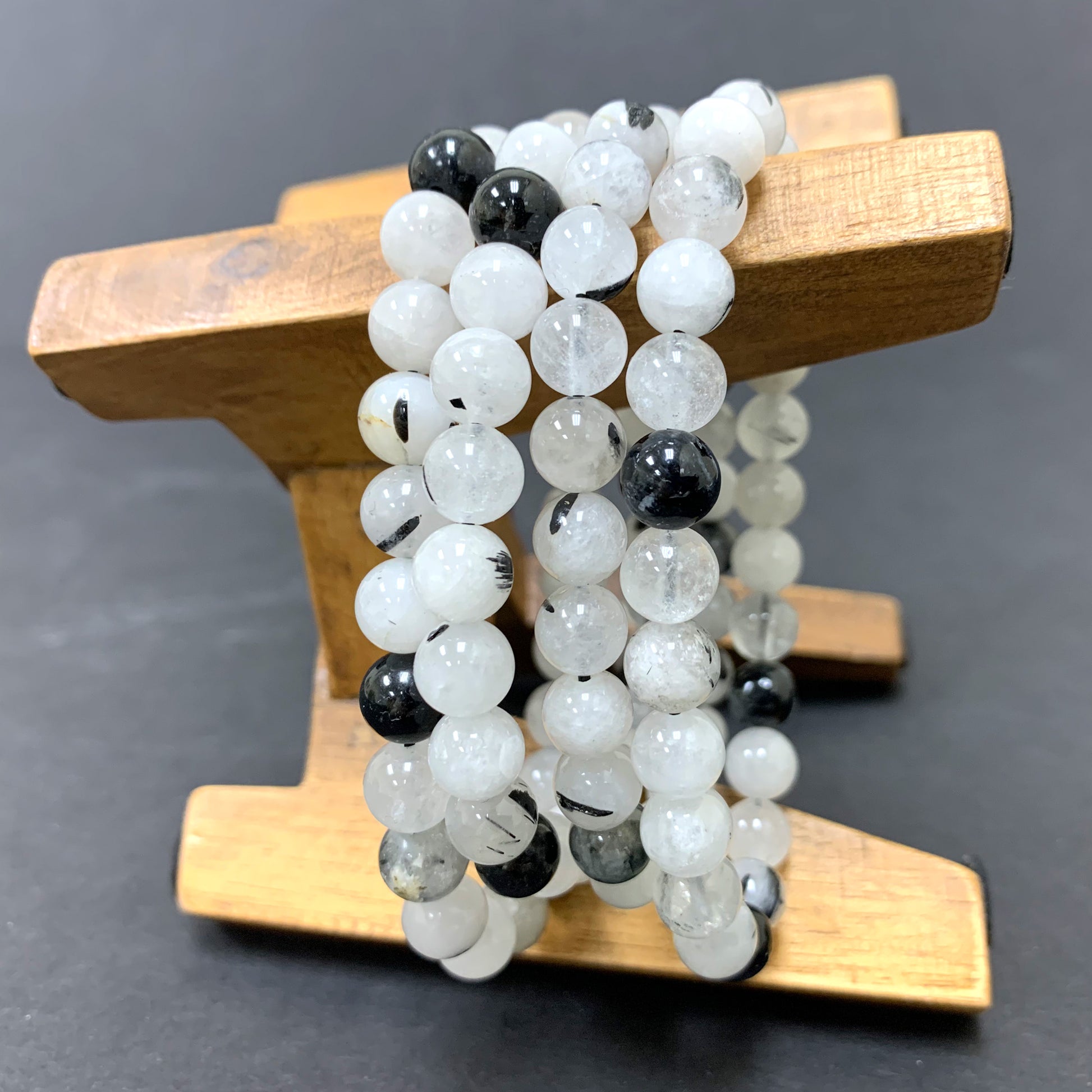 Black Rutilated Quartz Bead Unisex Handmade Stretch Bracelet - Gem Avenue