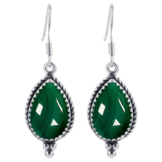 Pear Shape Simulated Green Malachite Drop Earrings with .925 Sterling Silver