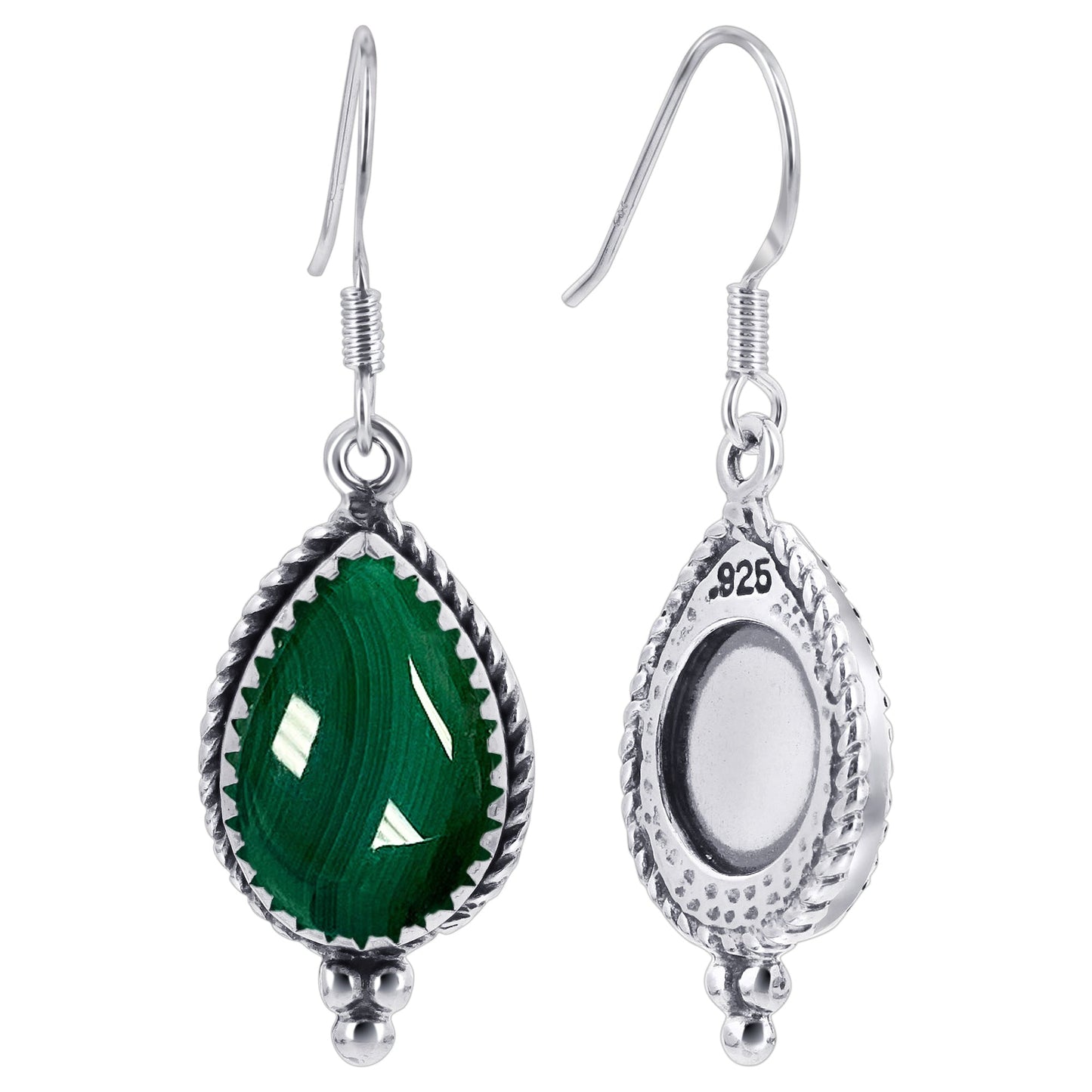 Pear Shape Simulated Green Malachite Drop Earrings with .925 Sterling Silver
