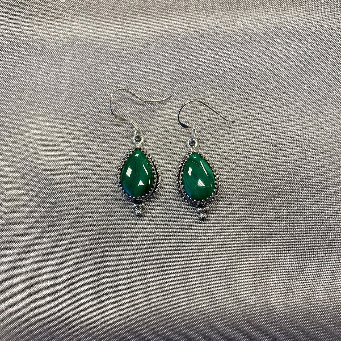 Pear Shape Simulated Green Malachite Drop Earrings with .925 Sterling Silver