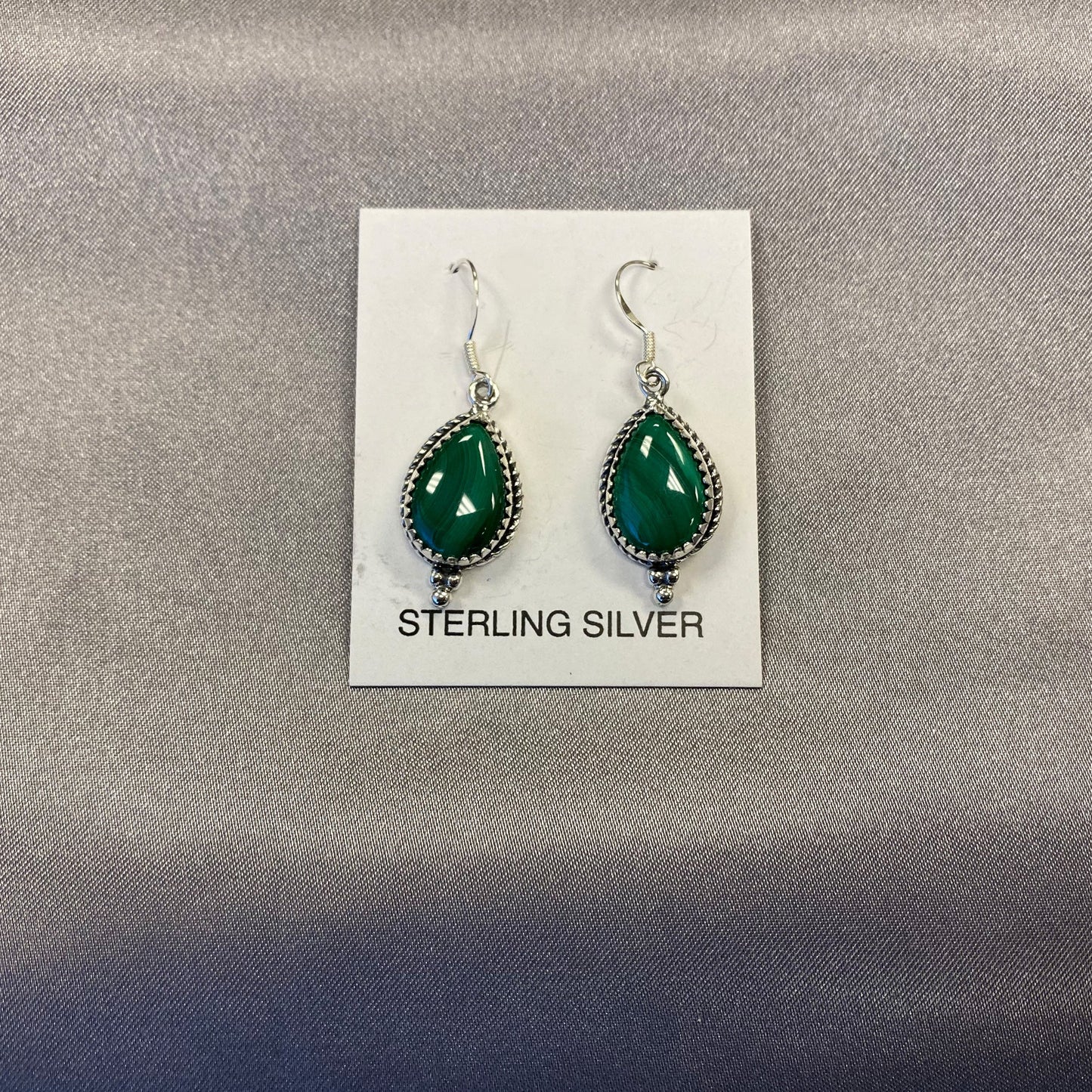 Pear Shape Simulated Green Malachite Drop Earrings with .925 Sterling Silver