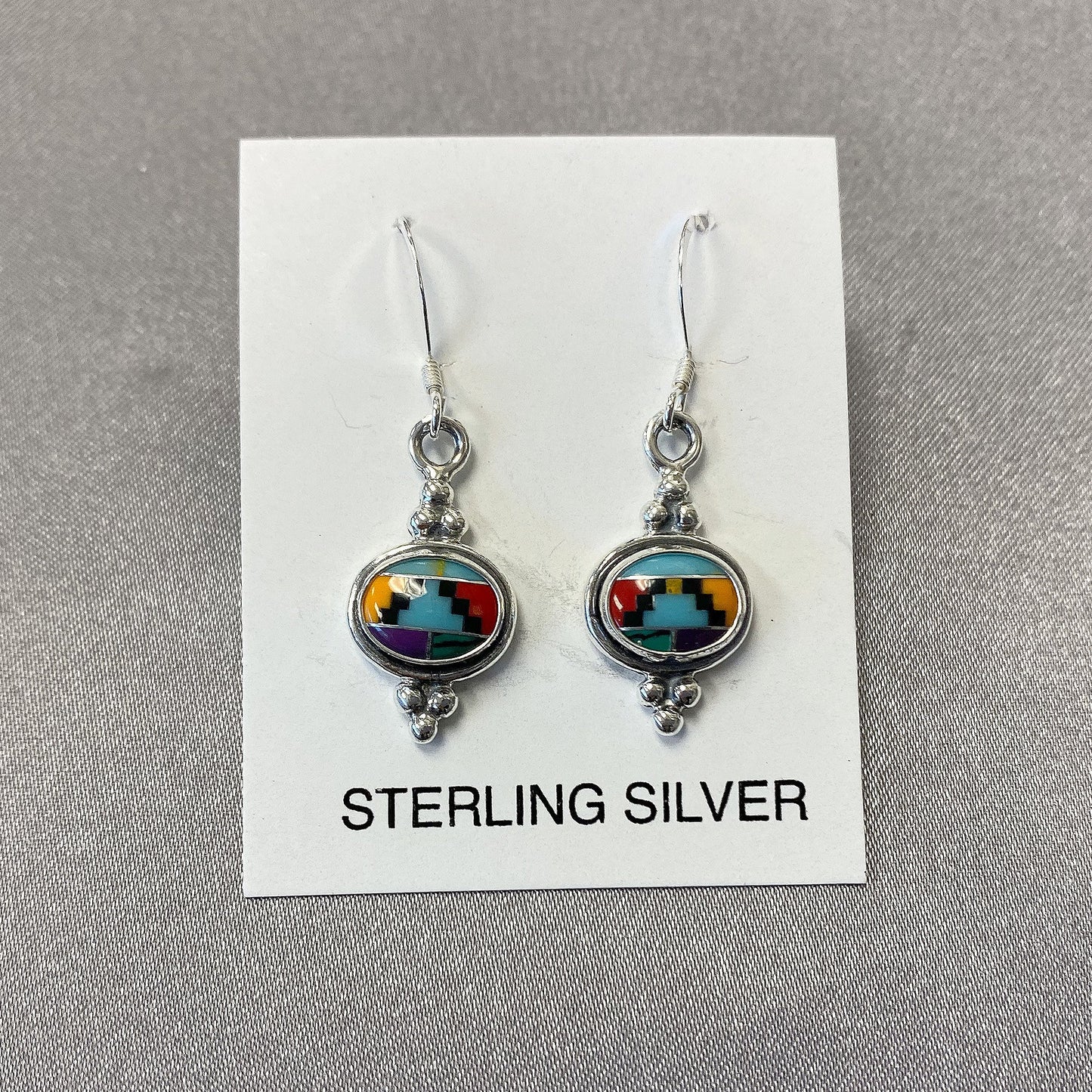 Oval Simulated Multicolor Concho Drop Earrings .925 Sterling Silver
