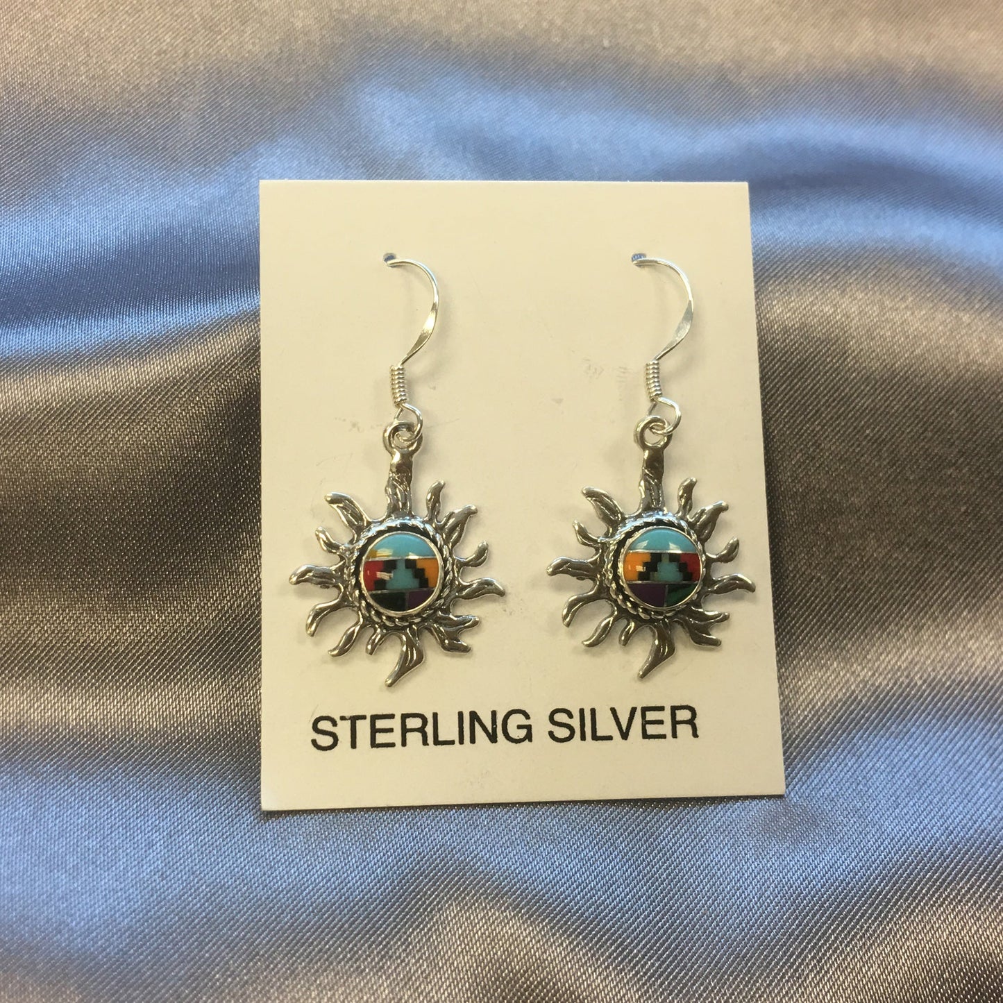 Multistone Sun Design Concho Drop Earrings 1.5 Inch Long with .925 Sterling Silver