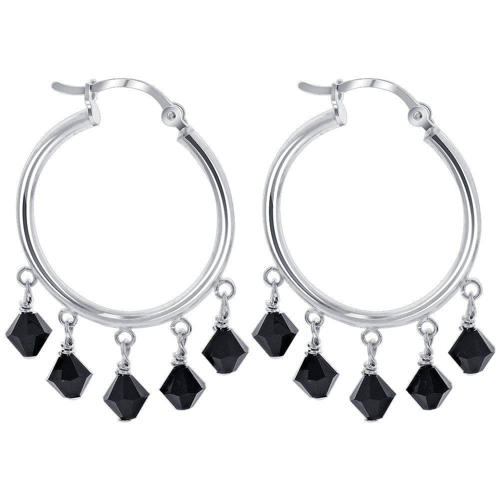Sterling Silver Hoop Drop Earrings with 5mm Bicone Austrian Crystals