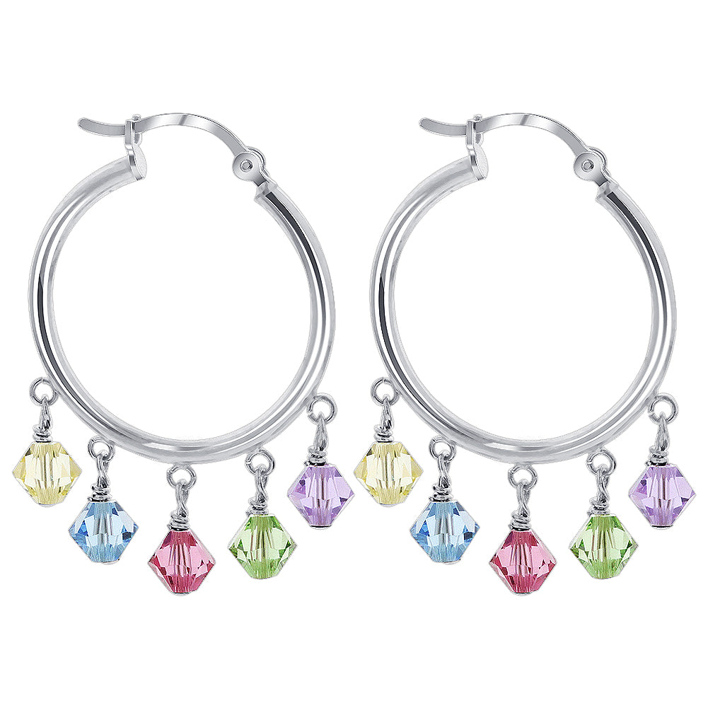 Sterling Silver Hoop Drop Earrings with 5mm Bicone Austrian Crystals