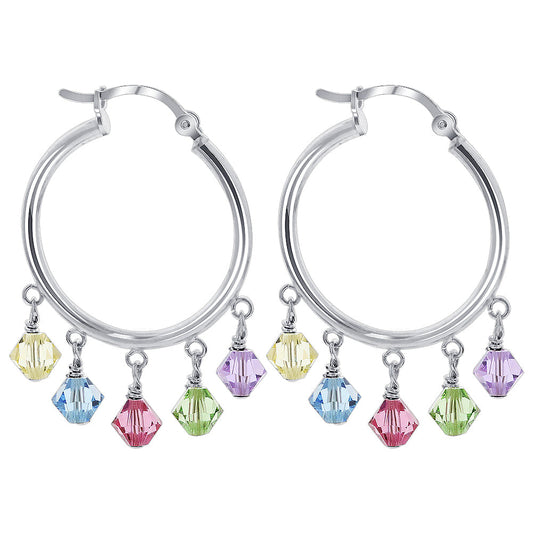 Sterling Silver Hoop Drop Earrings with 5mm Bicone Austrian Crystals