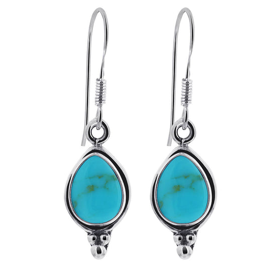 Pear Shape Simulated Turquoise 1.25 Inch Long 925 Sterling Silver Drop Earrings for Women