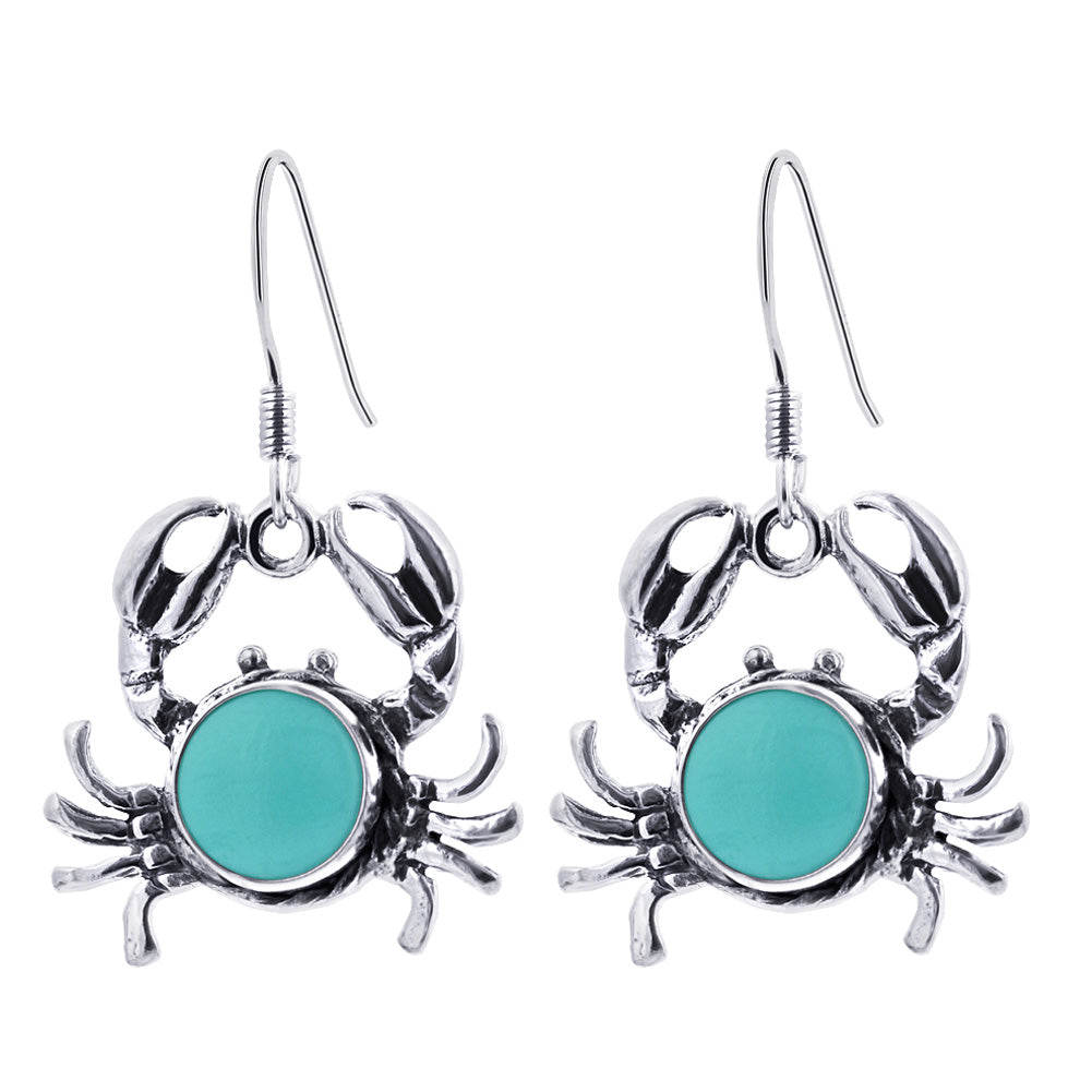 Round Simulated Turquoise Sea Life Crab Drop Earrings with .925 Sterling Silver