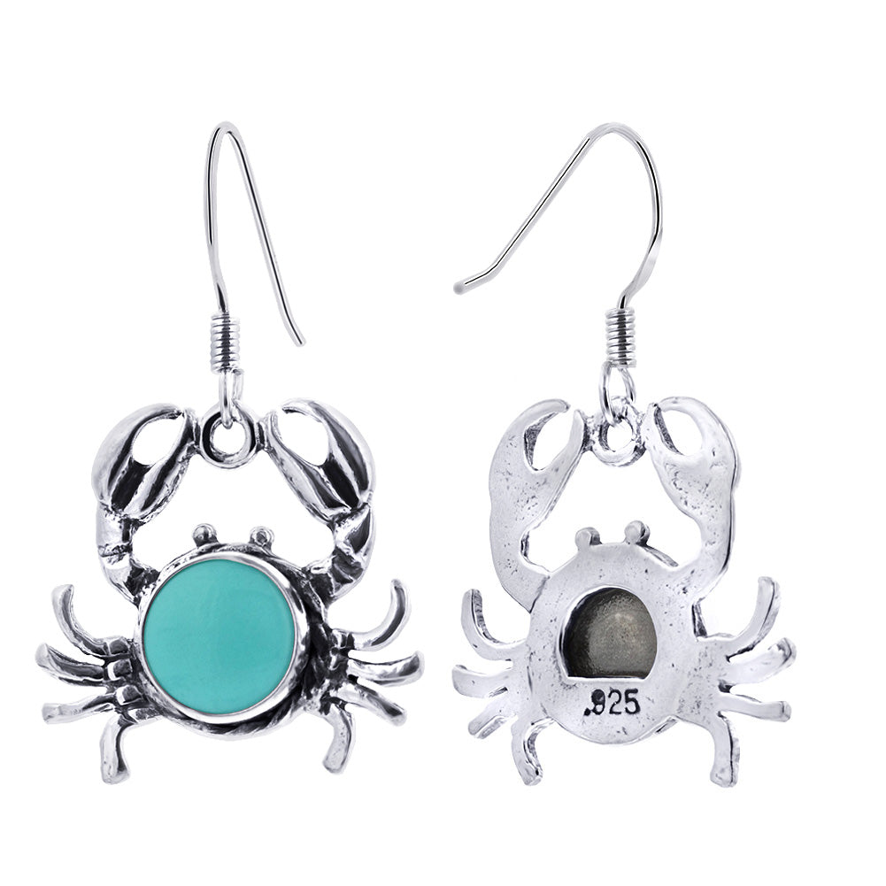 Round Simulated Turquoise Sea Life Crab Drop Earrings with .925 Sterling Silver