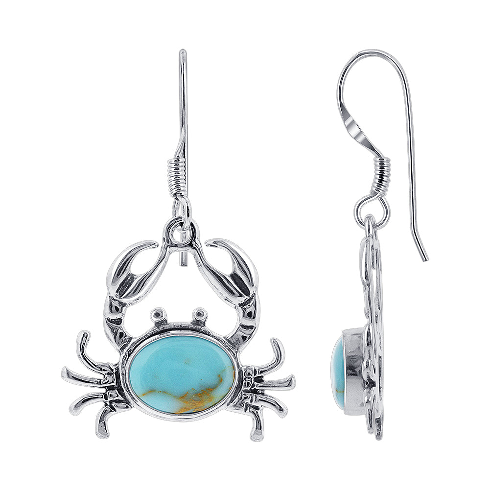 Oval Simulated Turquoise Crab Drop Earrings with .925 Sterling Silver