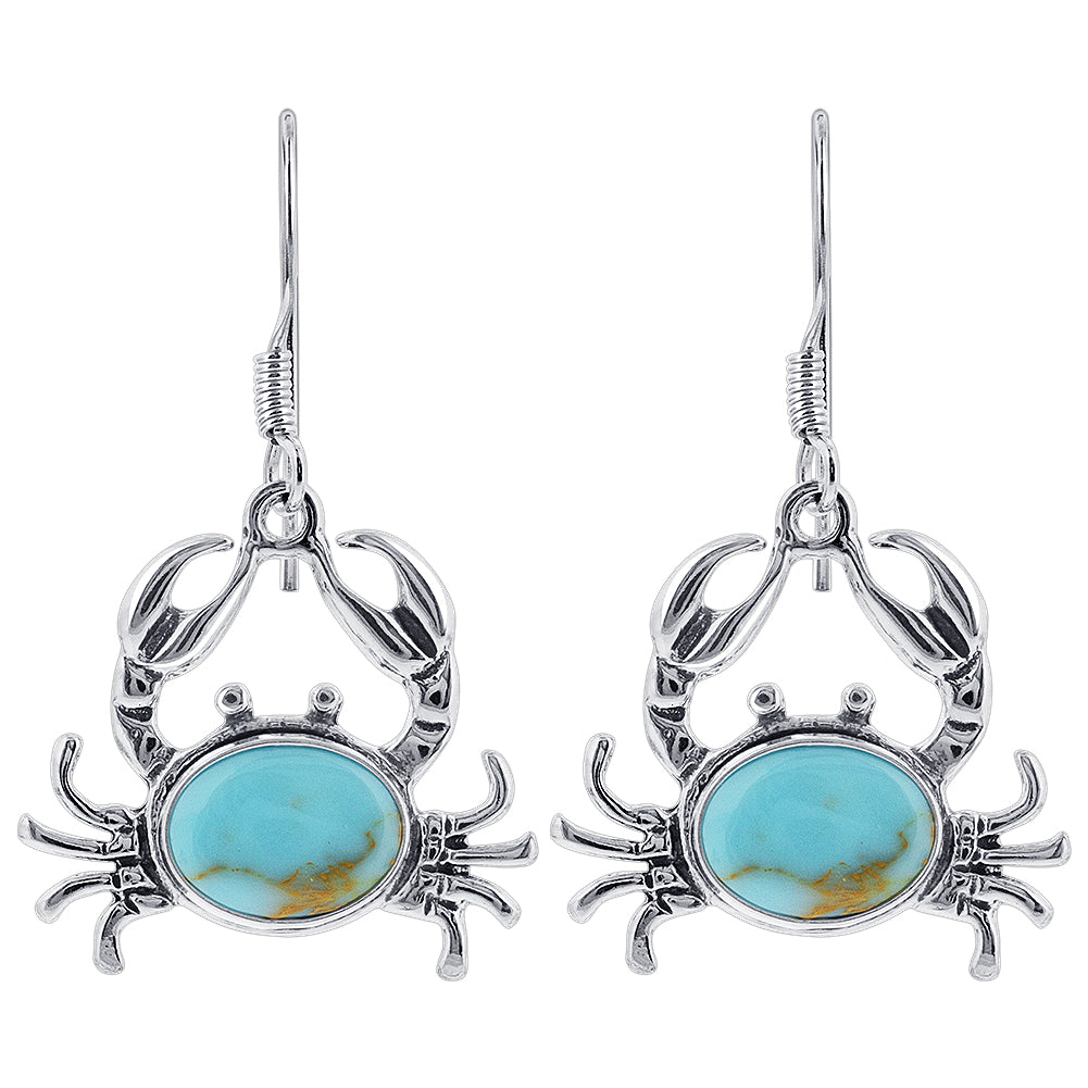 Oval Simulated Turquoise Crab Drop Earrings with .925 Sterling Silver