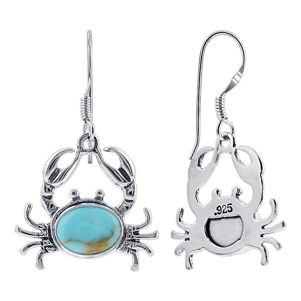 Oval Simulated Turquoise Crab Drop Earrings with .925 Sterling Silver