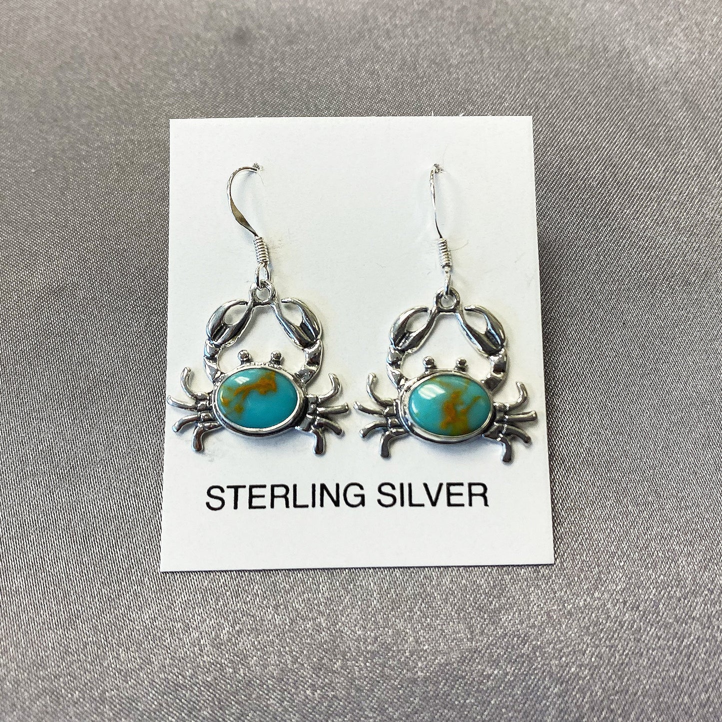 Oval Simulated Turquoise Crab Drop Earrings with .925 Sterling Silver