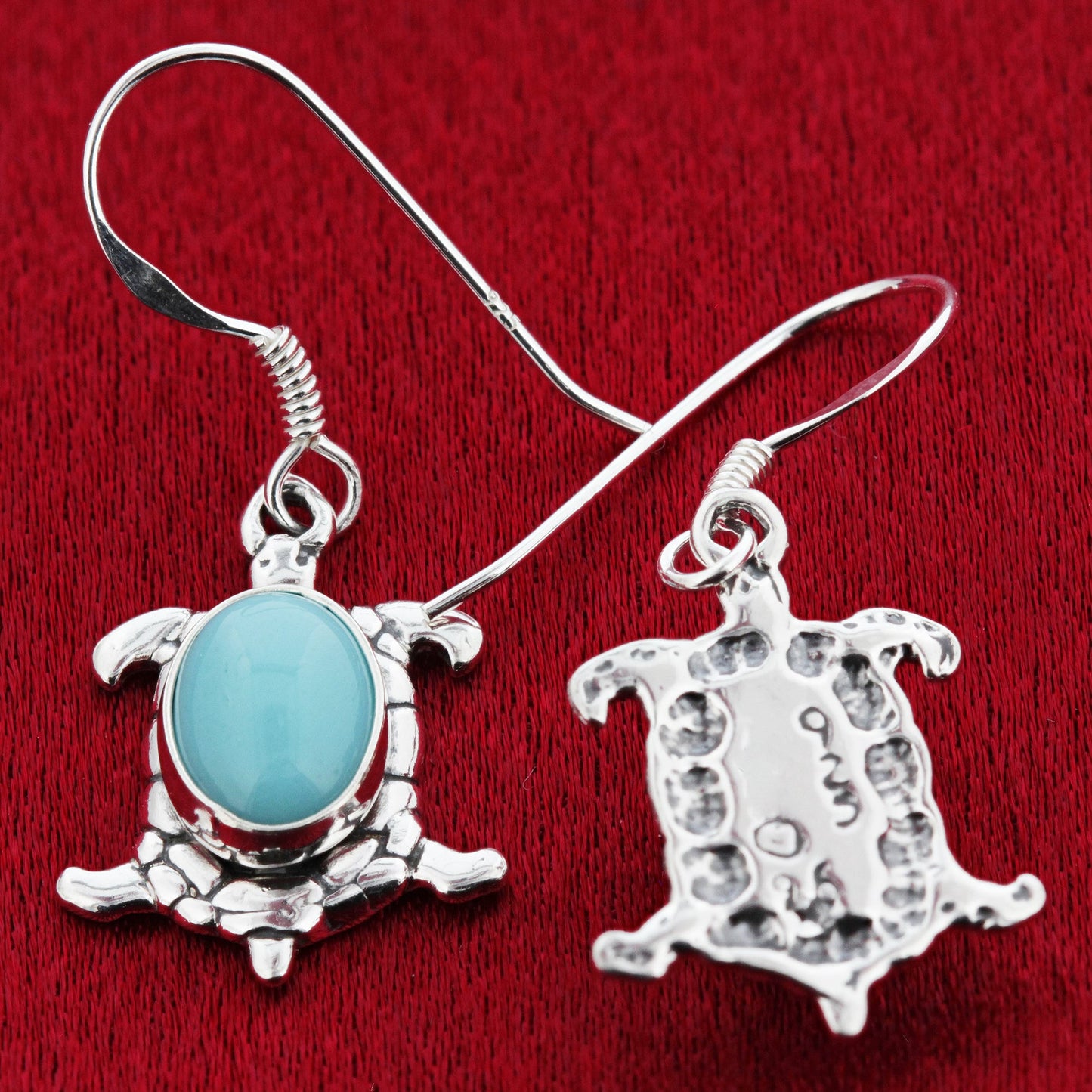 Oval Simulated Turquoise Turtle 34x13mm Drop Earrings with .925 Sterling Silver
