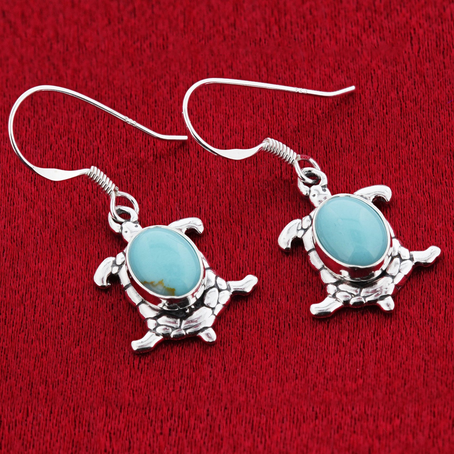 Oval Simulated Turquoise Turtle 34x13mm Drop Earrings with .925 Sterling Silver