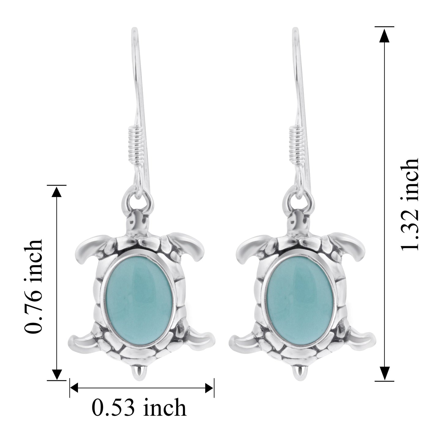 Oval Simulated Turquoise Turtle 34x13mm Drop Earrings with .925 Sterling Silver