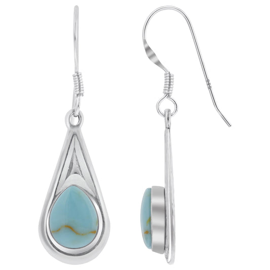 Pear Shape Simulated Turquoise 37x10mm Drop Earrings .925 Sterling Silver