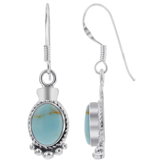 Oval Simulated Turquoise Drop Earrings 32x10mm Bali Design 925 Sterling Silver