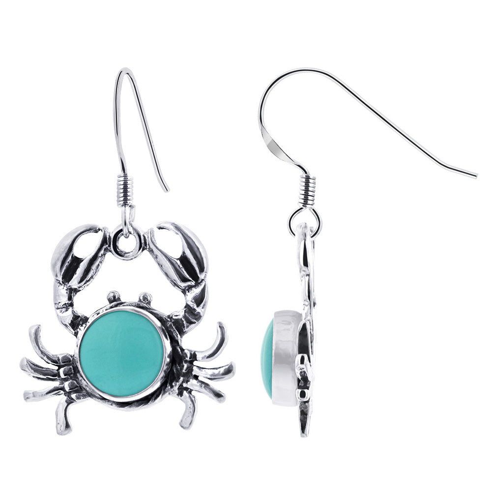Round Simulated Turquoise Sea Life Crab Drop Earrings with .925 Sterling Silver
