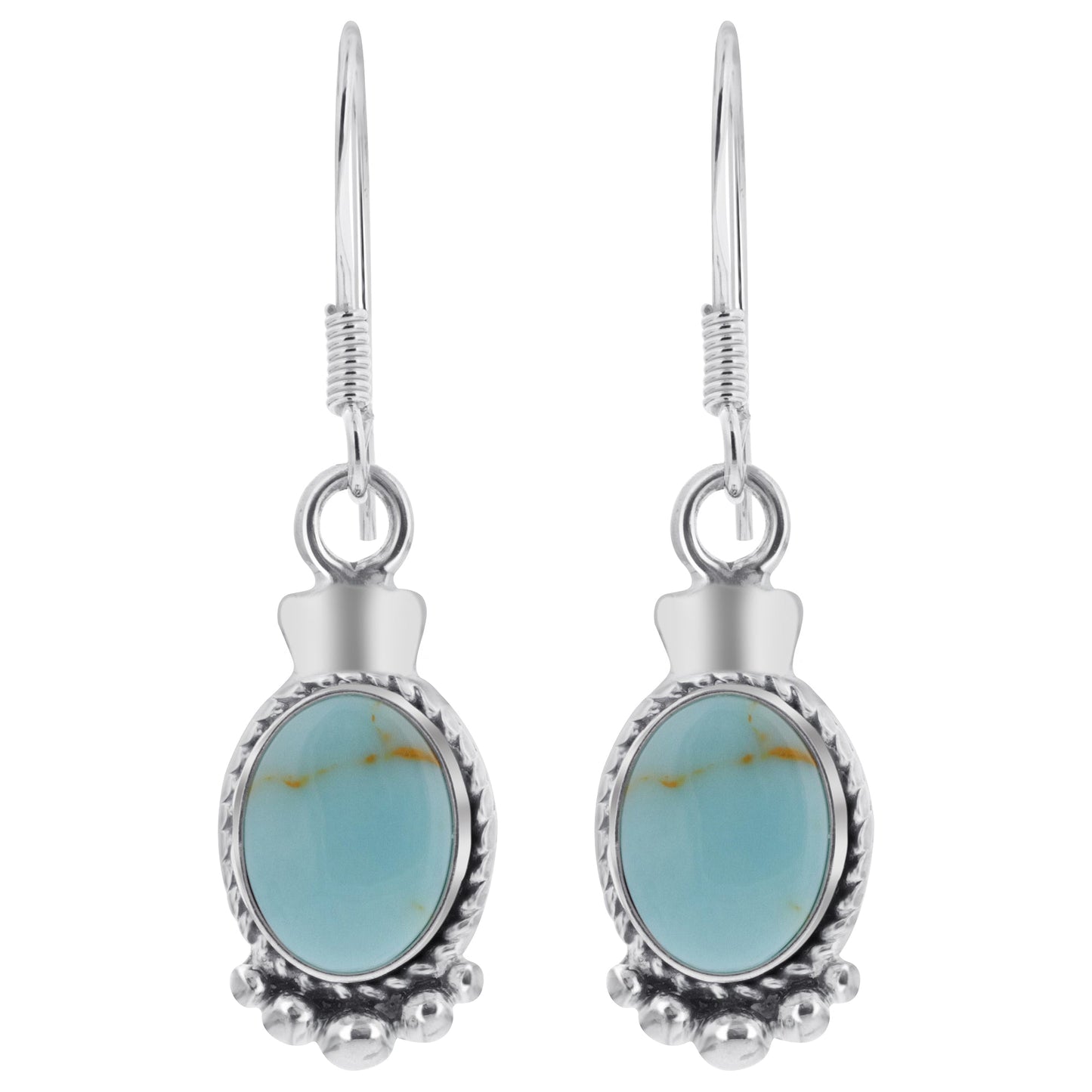 Oval Simulated Turquoise Drop Earrings 32x10mm Bali Design 925 Sterling Silver