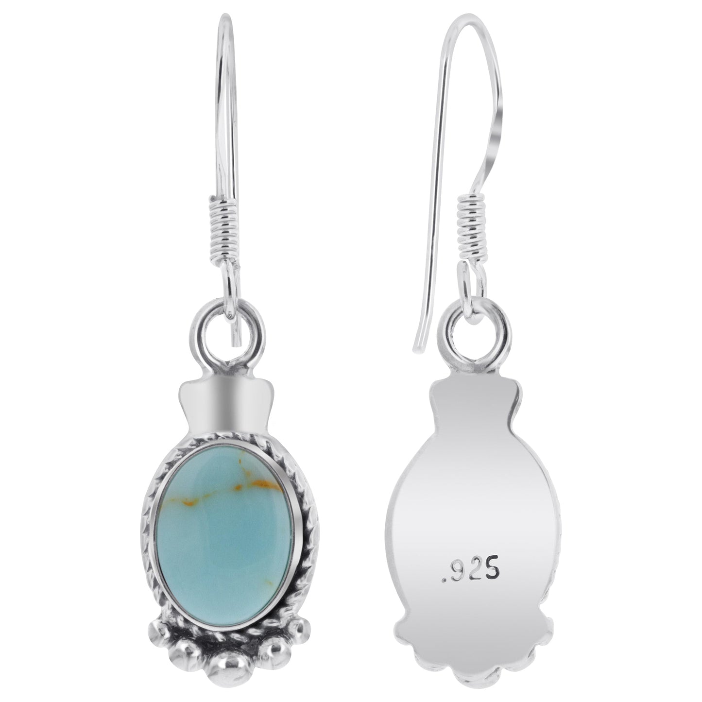 Oval Simulated Turquoise Drop Earrings 32x10mm Bali Design 925 Sterling Silver