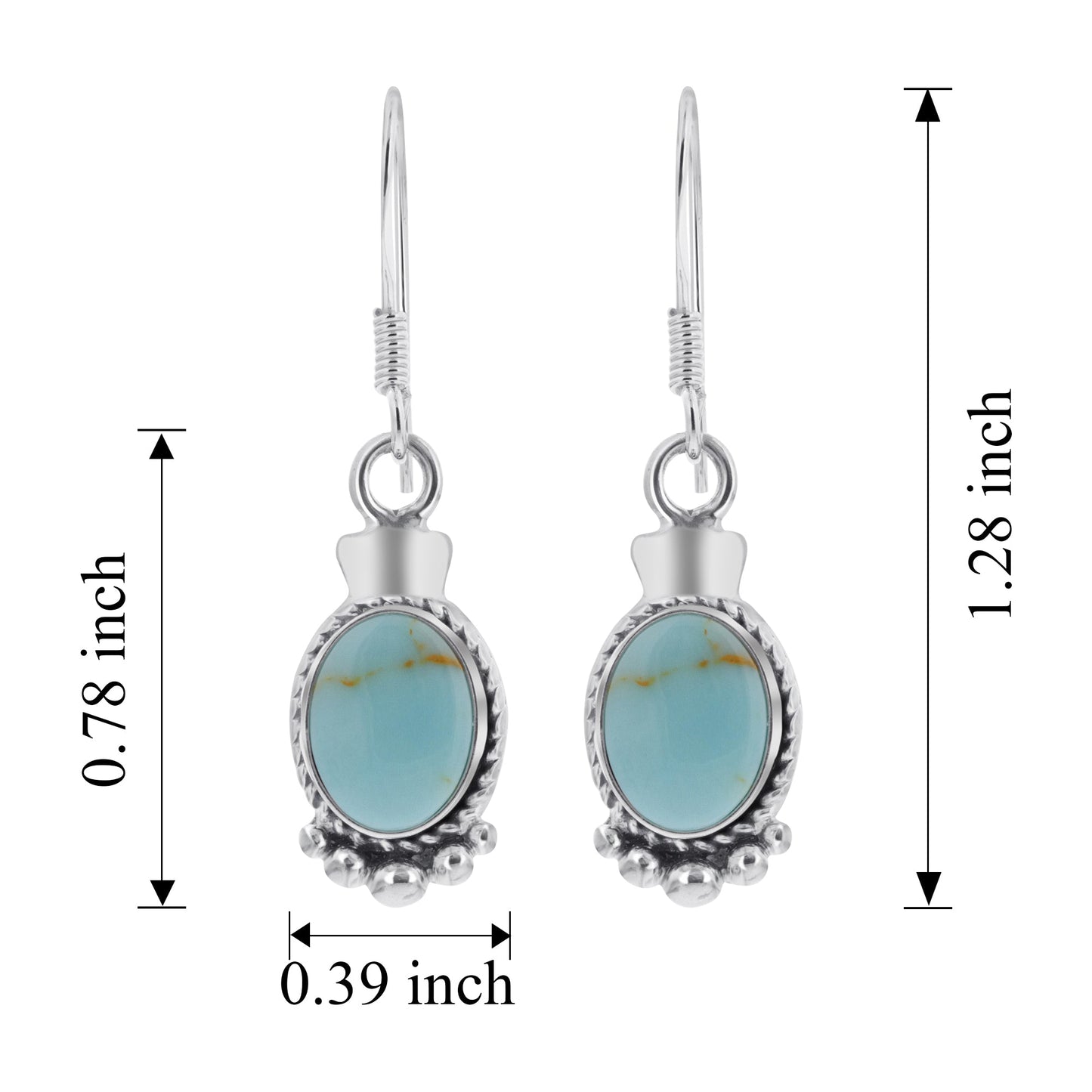 Oval Simulated Turquoise Drop Earrings 32x10mm Bali Design 925 Sterling Silver