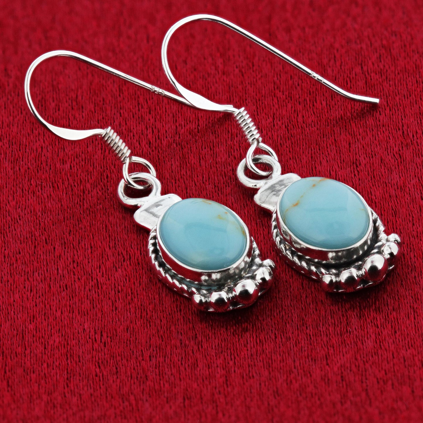 Oval Simulated Turquoise Drop Earrings 32x10mm Bali Design 925 Sterling Silver