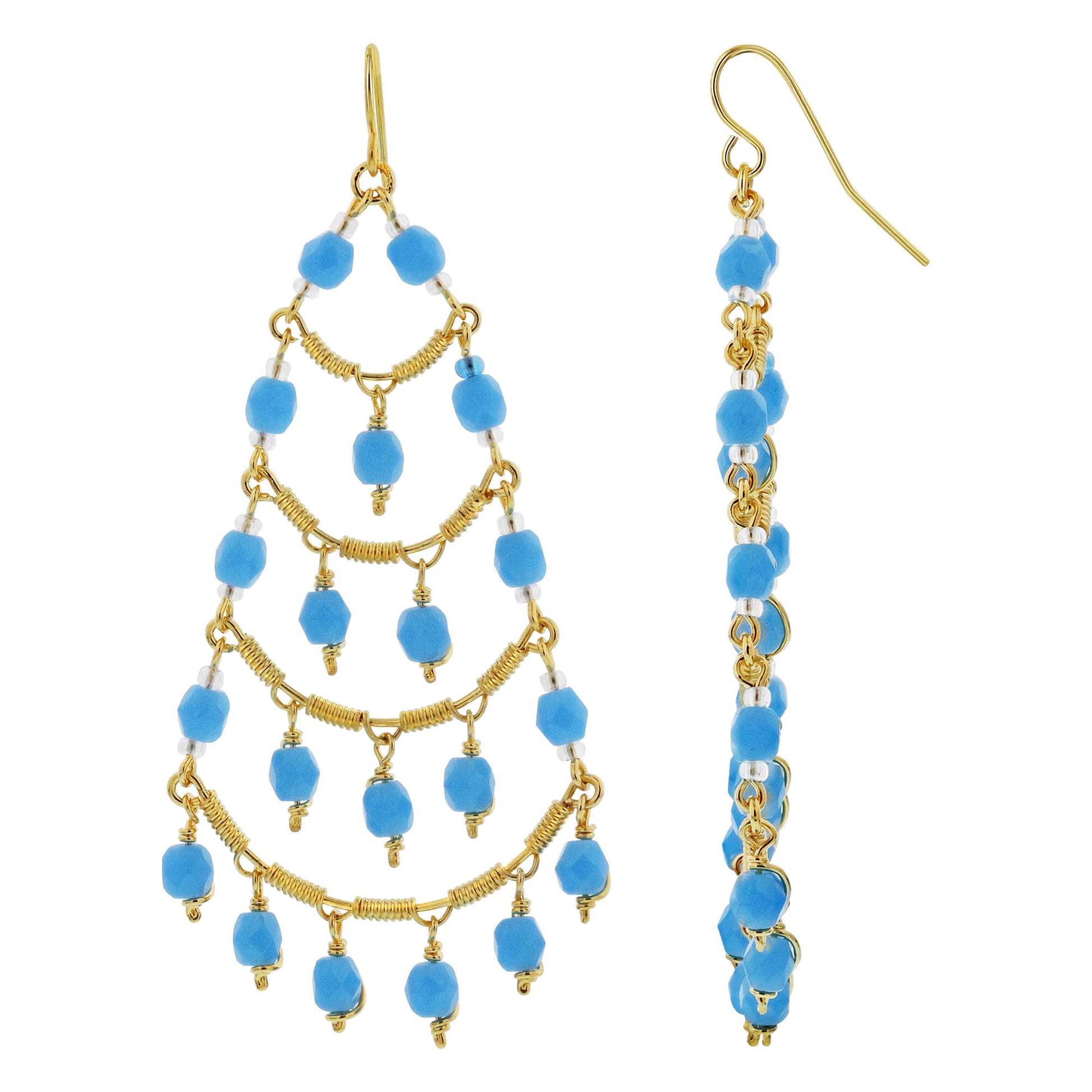 Blue Czech Beads Gold Plated Over Stainless Steel Chandelier Earrings - Gem Avenue