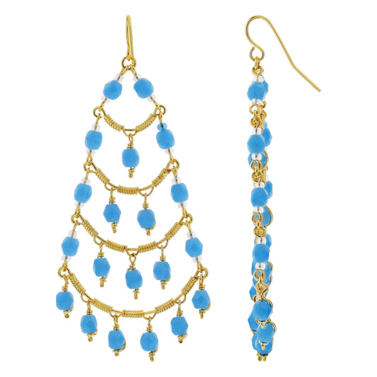 Blue Czech Beads Gold Plated Over Stainless Steel Chandelier Earrings - Gem Avenue
