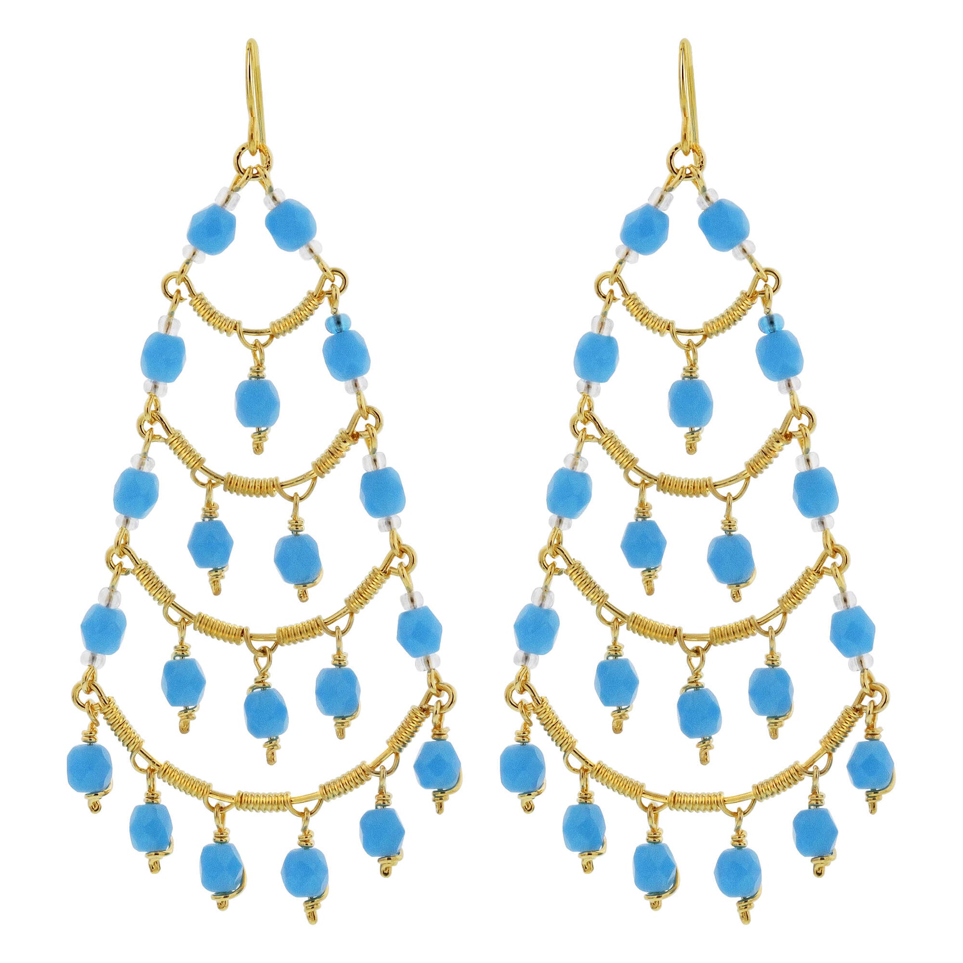 Blue Czech Beads Gold Plated Over Stainless Steel Chandelier Earrings - Gem Avenue