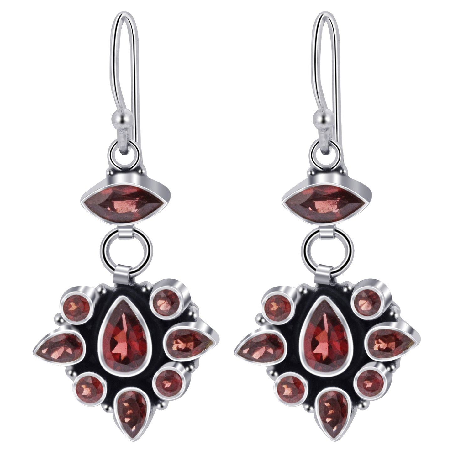 Garnet Gemstone Bali Design Drop Earrings with .925 Sterling Silver