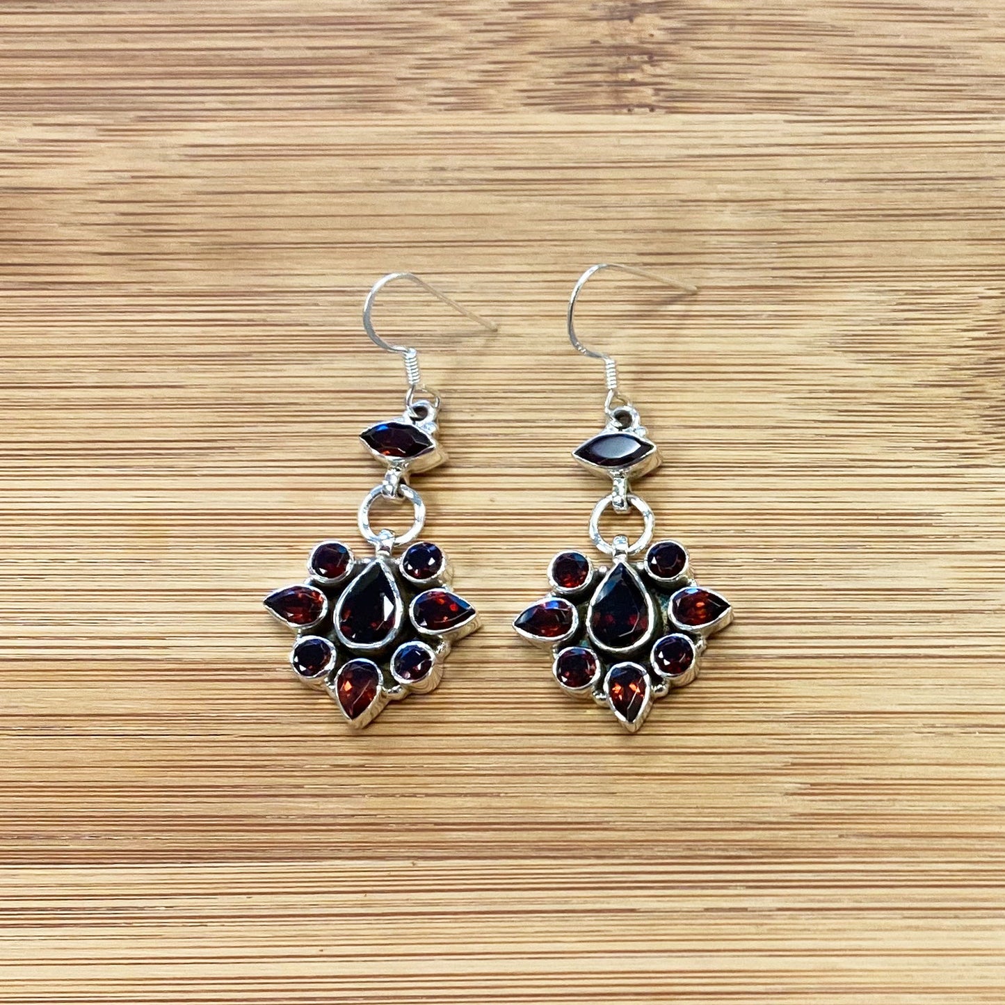Garnet Gemstone Bali Design Drop Earrings with .925 Sterling Silver
