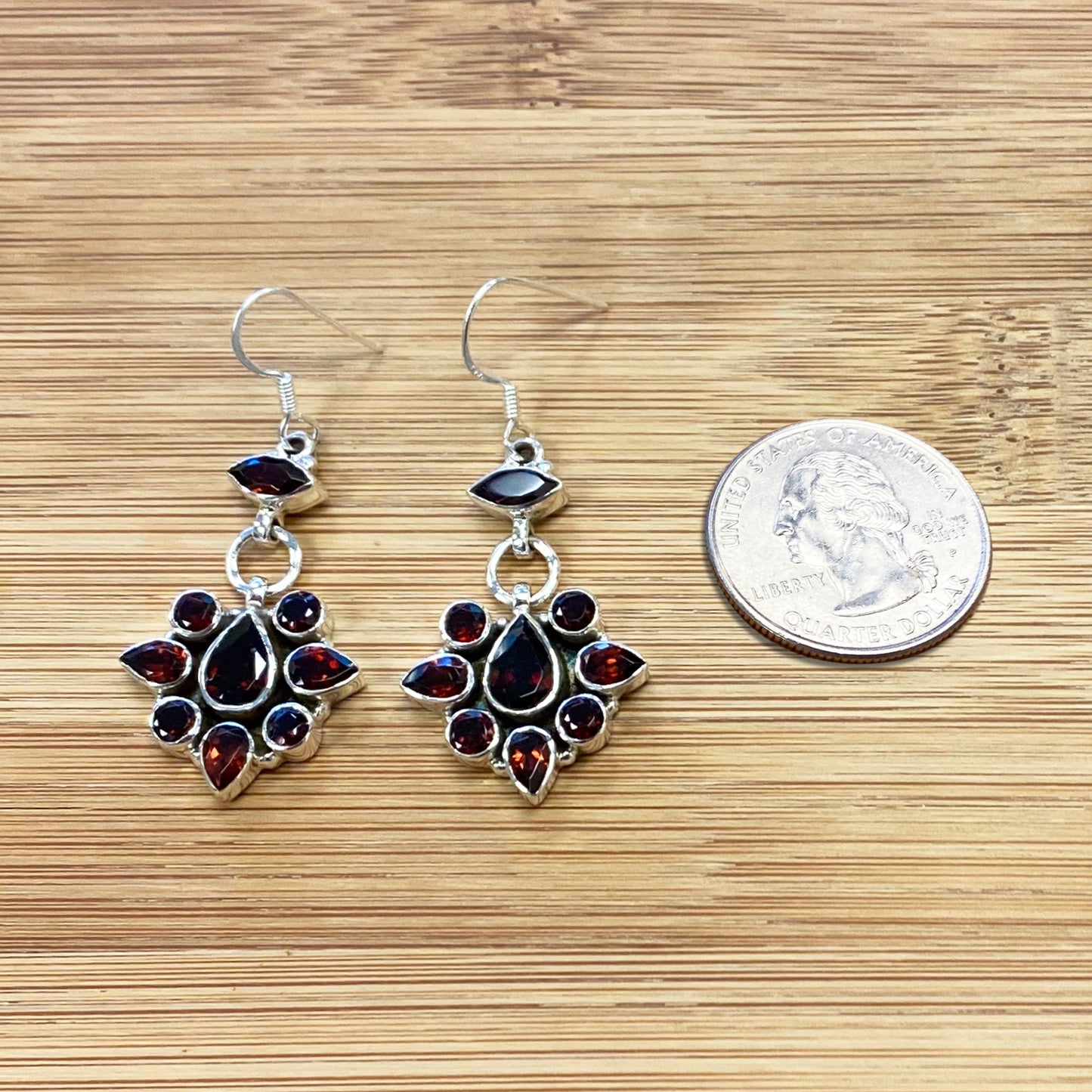 Garnet Gemstone Bali Design Drop Earrings with .925 Sterling Silver