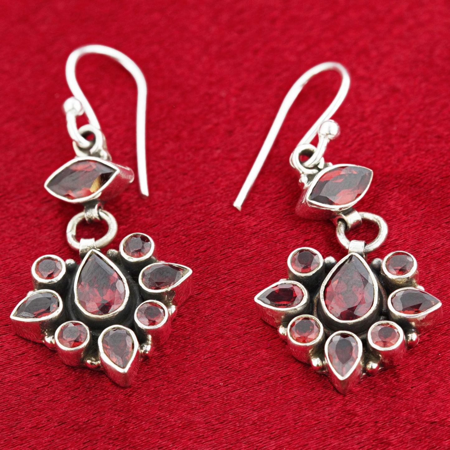 Garnet Gemstone Bali Design Drop Earrings with .925 Sterling Silver