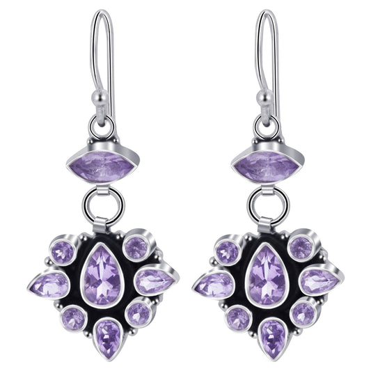 Amethyst Gemstone Bali Design Drop Earrings with .925 Sterling Silver