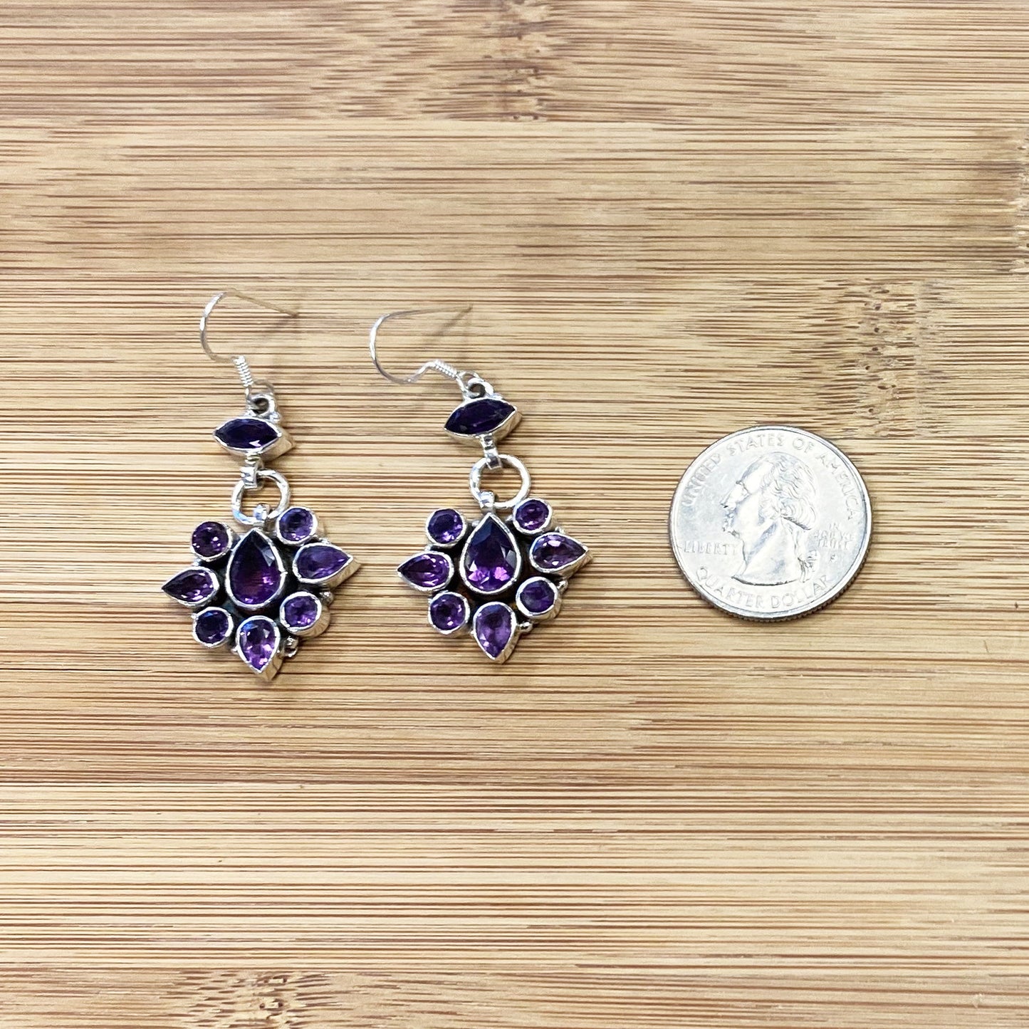 Amethyst Gemstone Bali Design Drop Earrings with .925 Sterling Silver