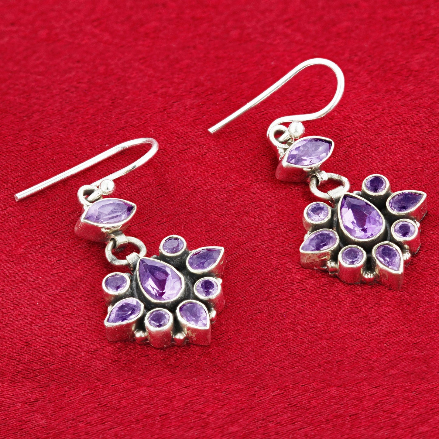 Amethyst Gemstone Bali Design Drop Earrings with .925 Sterling Silver