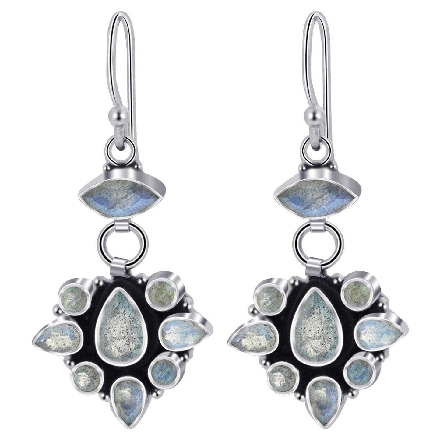 Labradorite Gemstone Bali Design Drop Earrings .925 Sterling Silver