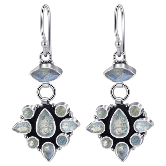 Labradorite Gemstone Bali Design Drop Earrings .925 Sterling Silver