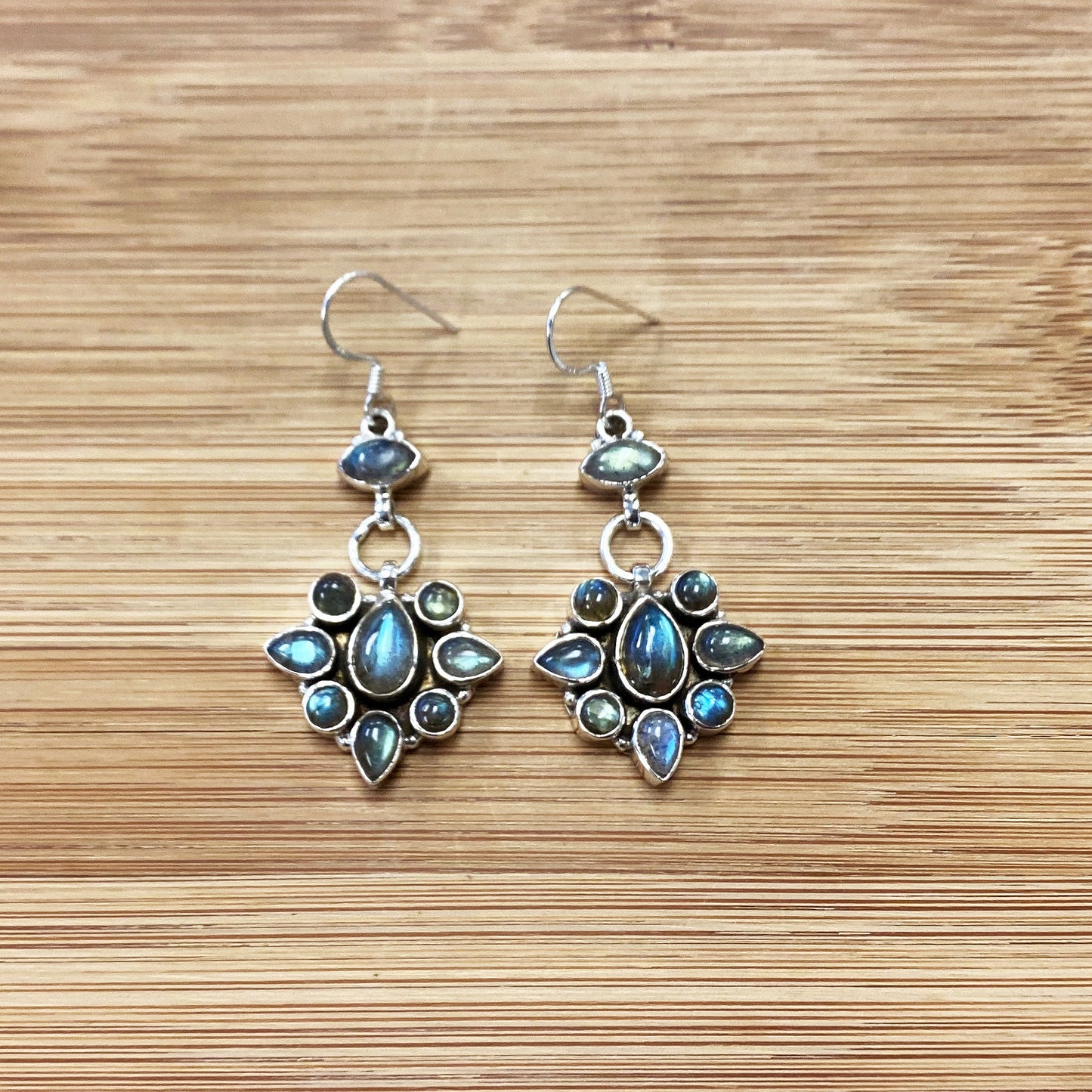 Labradorite Gemstone Bali Design Drop Earrings .925 Sterling Silver
