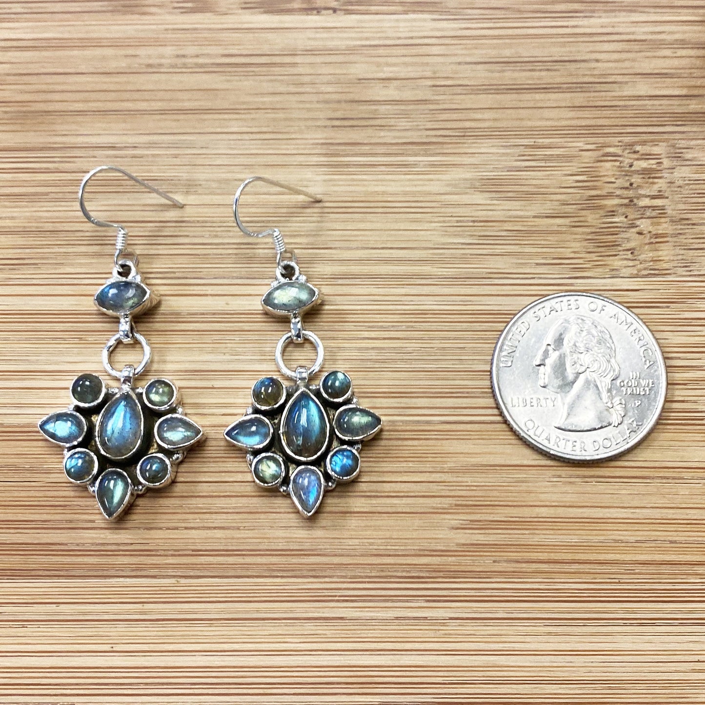Labradorite Gemstone Bali Design Drop Earrings .925 Sterling Silver