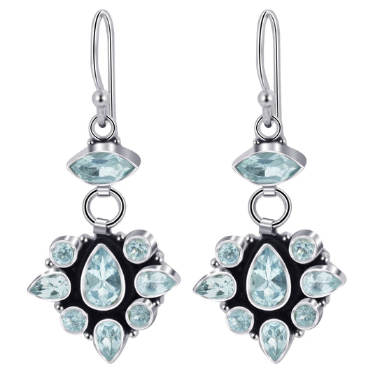 Blue Topaz Gemstone Bali Design Sterling Silver Drop Earrings for Women-Gem Avenue