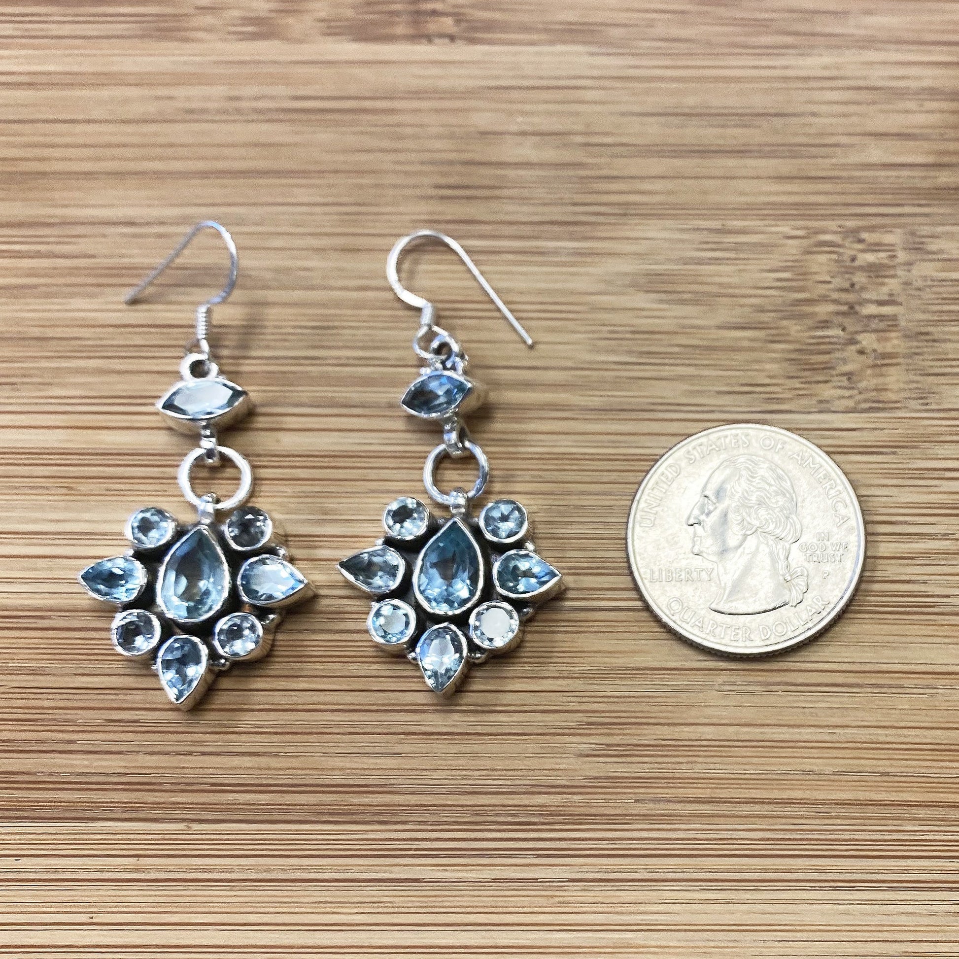Blue Topaz Gemstone Bali Design Sterling Silver Drop Earrings for Women-Gem Avenue