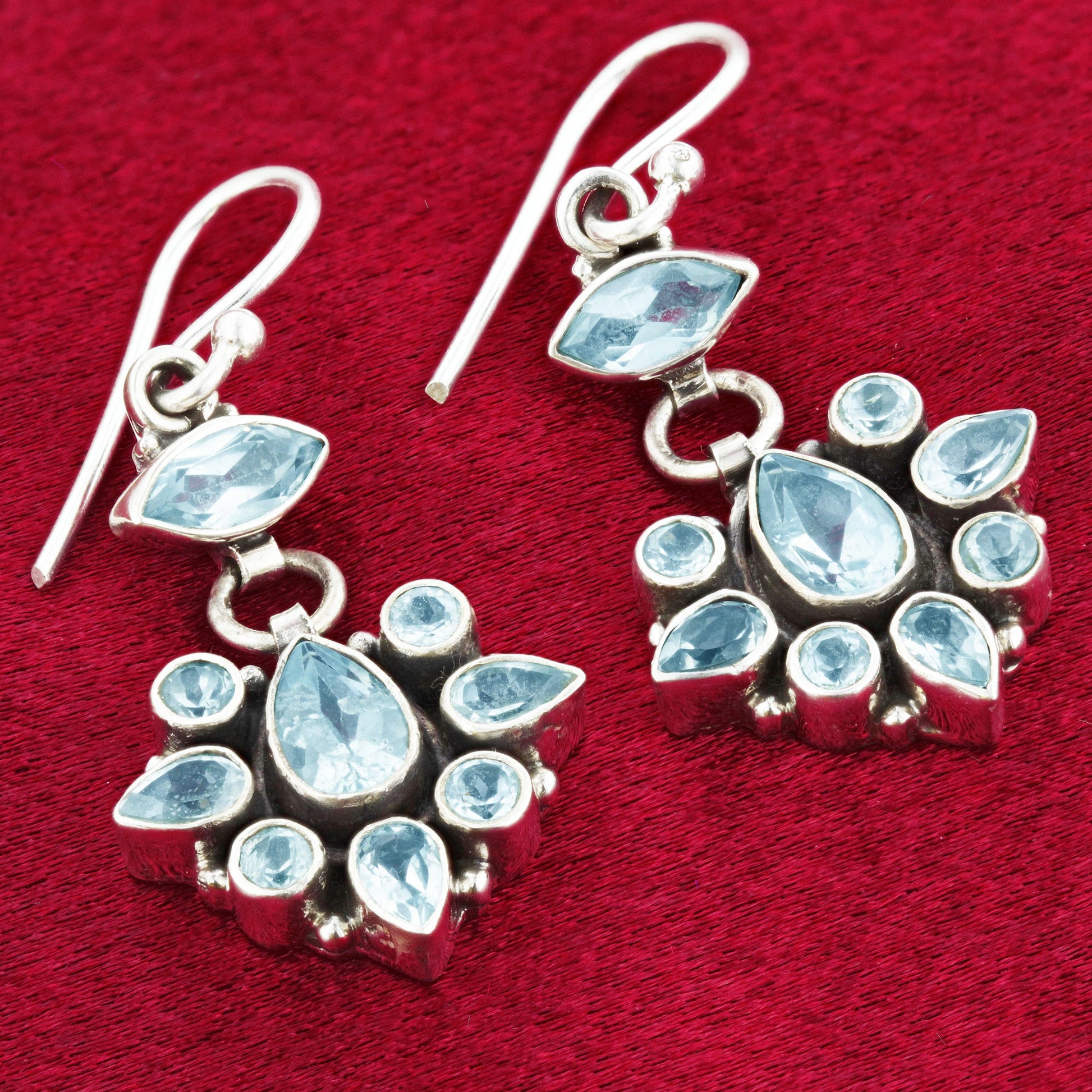 Blue Topaz Gemstone Bali Design Sterling Silver Drop Earrings for Women-Gem Avenue