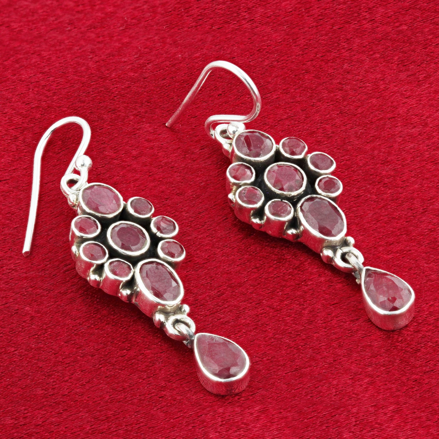 Dyed Ruby Gemstone Bali Design Sterling Silver Drop Earrings for Women - Gem Avenue Wholesale Silver