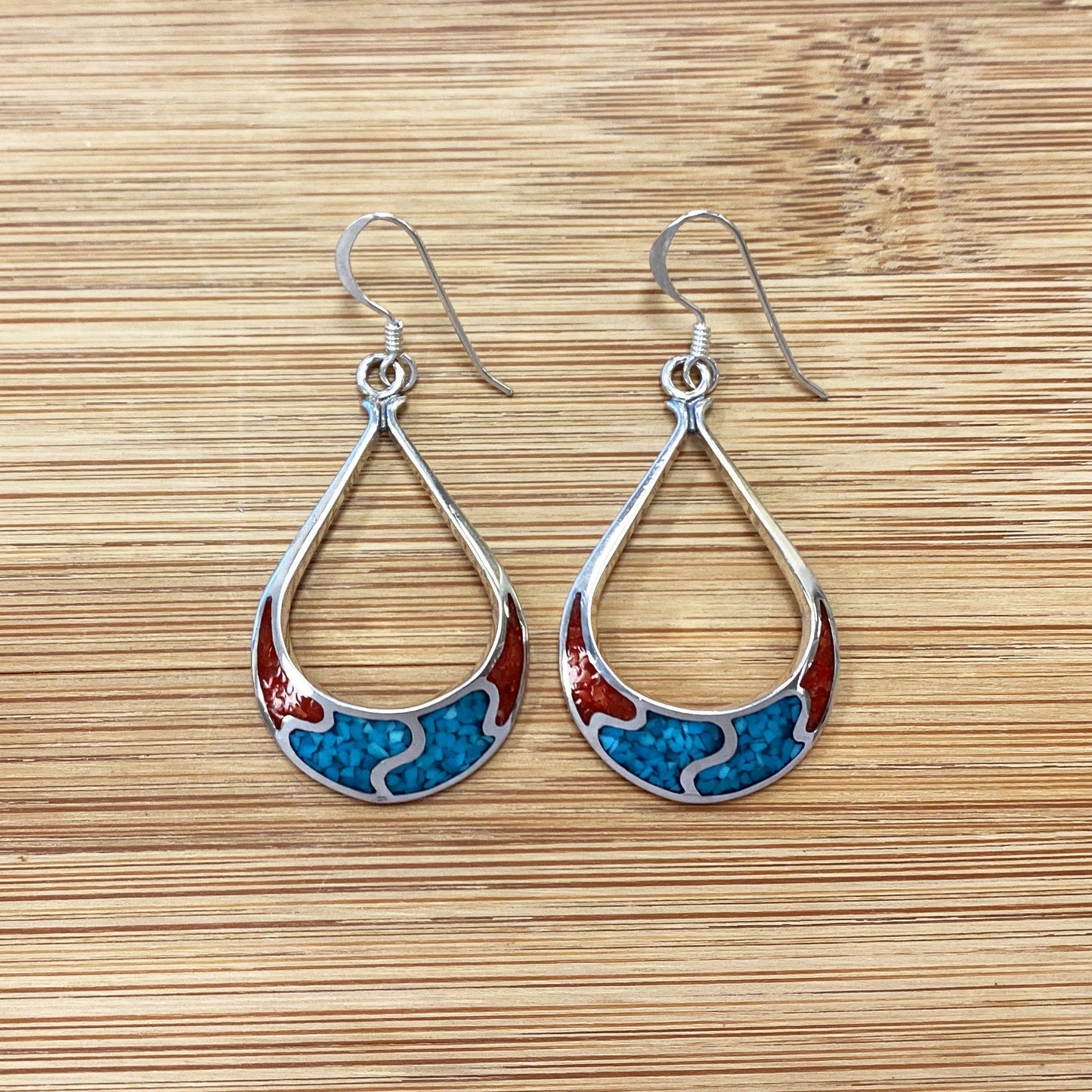 .925 Silver Hoop Shape Drop Earrings with Turquoise and Coral Inlay
