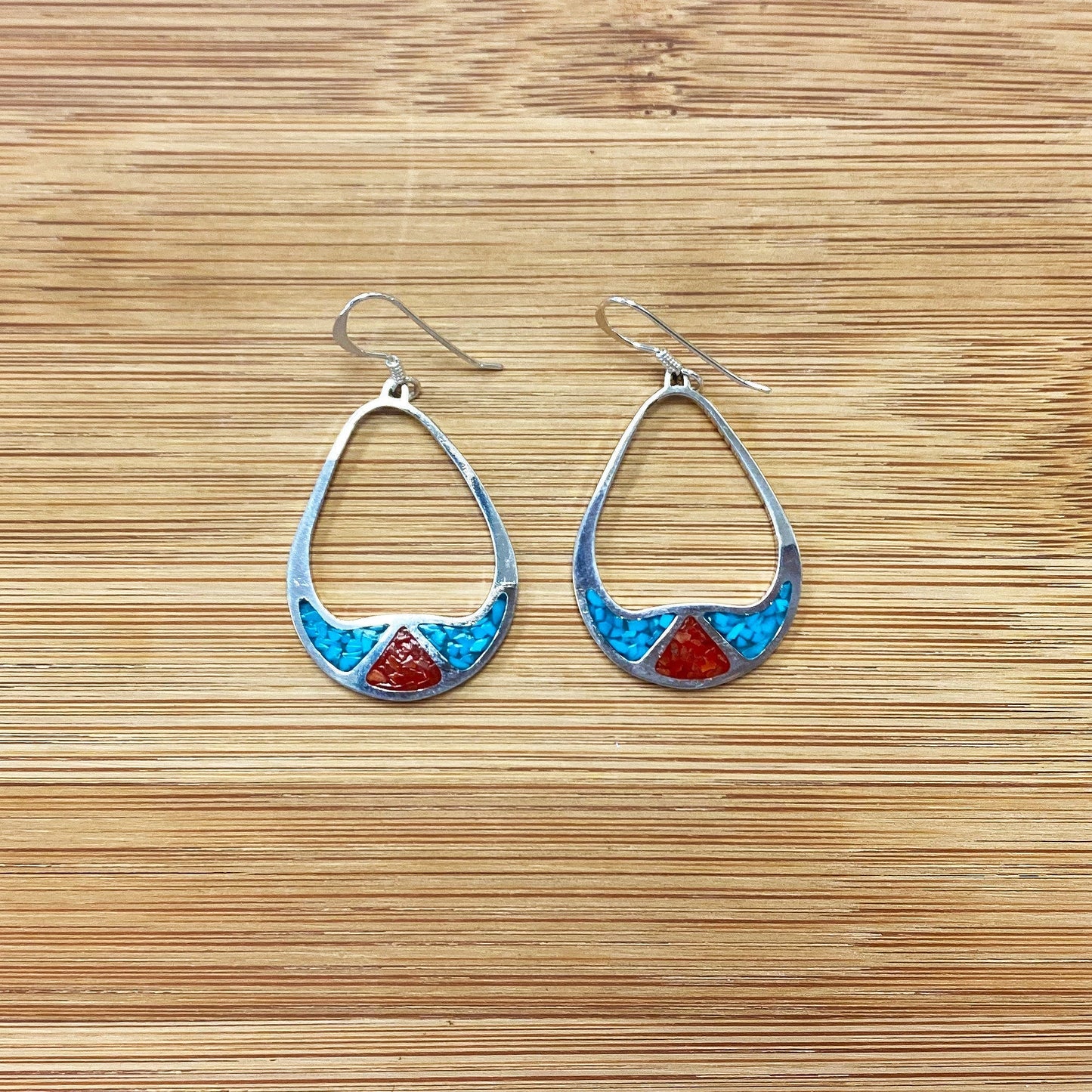 .925 Silver Hoop Shape Drop Earrings with Turquoise and Coral Inlay